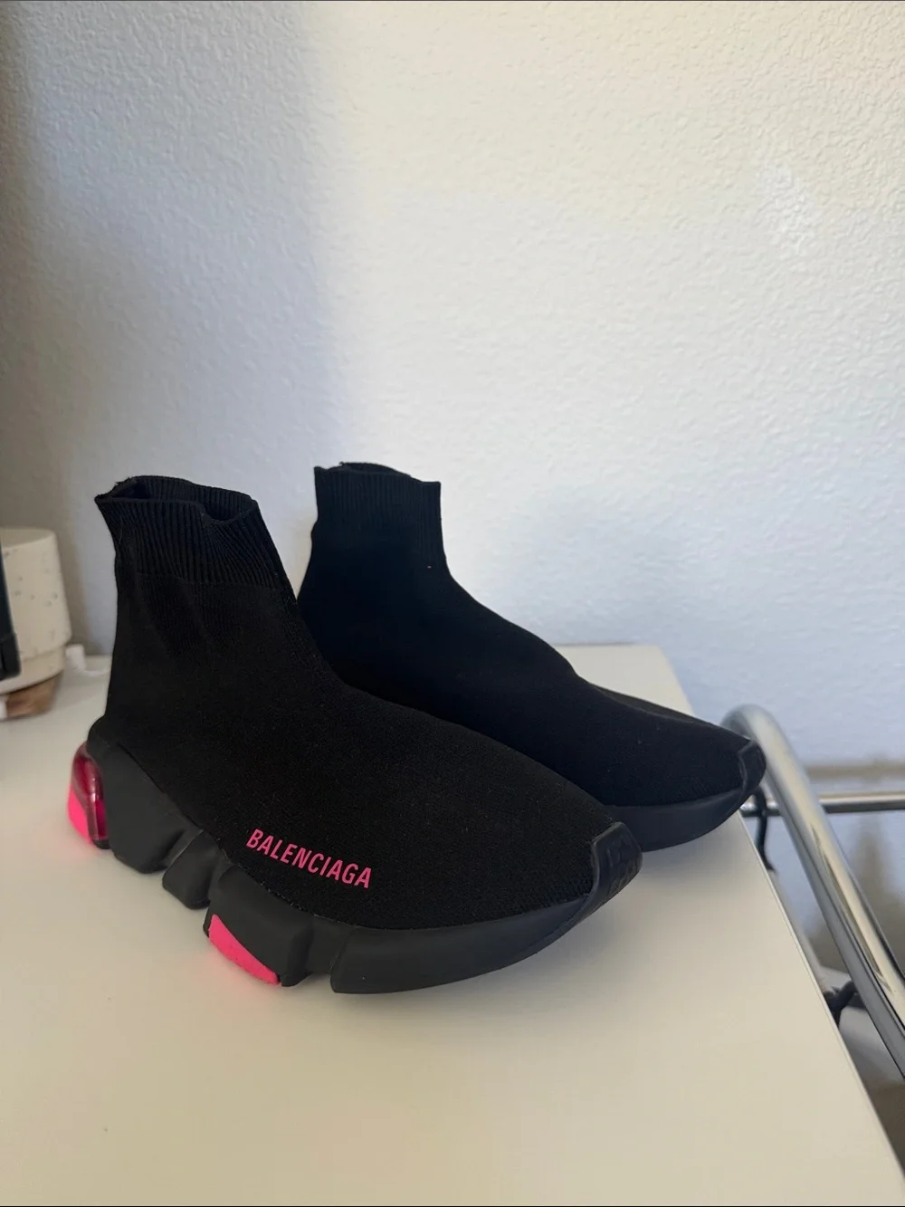 Balenciaga Black Knit Sock Sneakers with Pink Accents